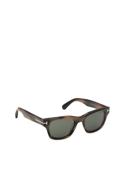 Rectangular tortoiseshell sunglasses with dark lenses and silver "T" logo accents on the temples.