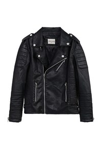 Veste de moto en cuir noir avec des détails matelassés sur les épaules et les manches, double zip et accsents à boutons-pression. Texture côtelée sur les manches.