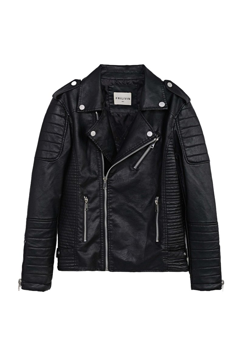 Veste de moto en cuir noir avec des détails matelassés sur les épaules et les manches, double zip et accsents à boutons-pression. Texture côtelée sur les manches.