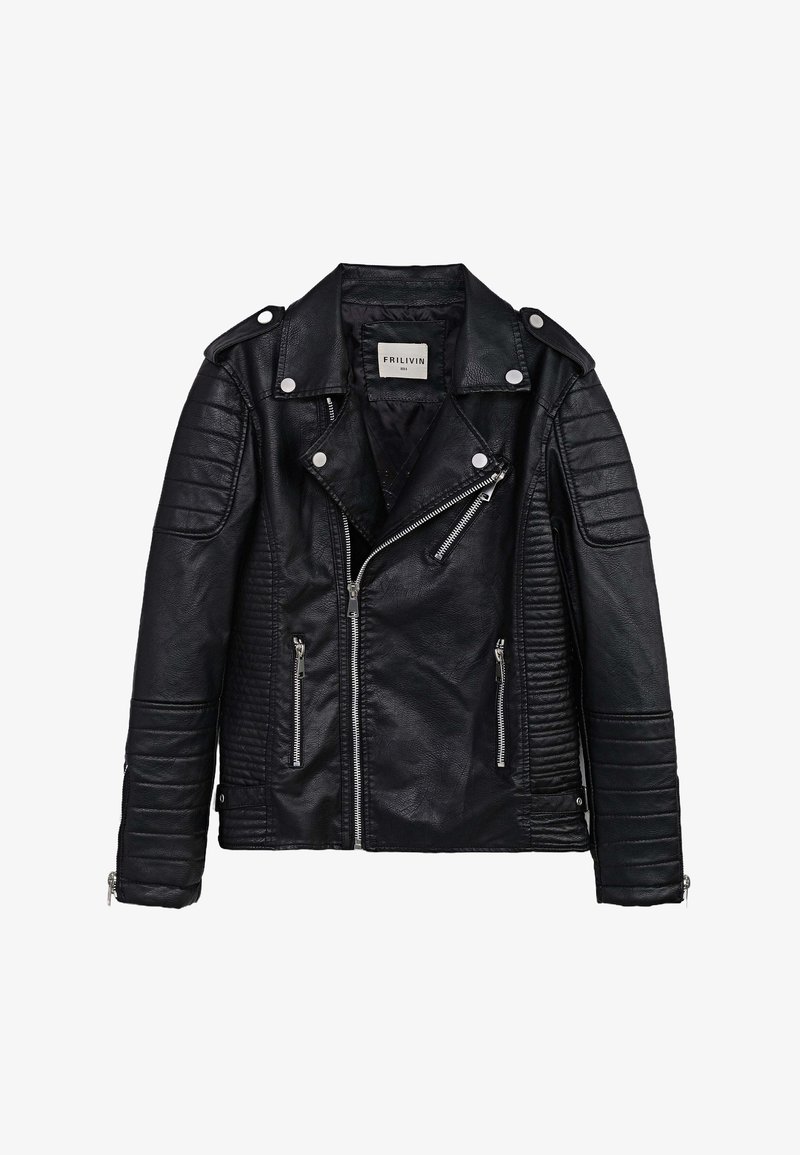 Veste de moto en cuir noir avec des détails matelassés sur les épaules et les manches, double zip et accsents à boutons-pression. Texture côtelée sur les manches.