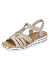 Sandali beige con cinghie decorative in cima, cinturini elasticizzati, soletta imbottita e suola a righe bianche.
