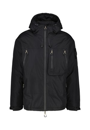 Schwarze Jacke mit hohem Kragen und verstellbarer Kapuze, ausgestattet mit zwei Reißverschlusstaschen auf der Brust, elastischen Bündchen und durchgehendem Reißverschluss vorne.