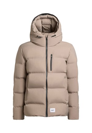 Beige prošívaná bunda s kapucí, s předním zipovým uzávěrem, elastickými detaily a náprsní kapsou. Vyrobena z prošívaného, zatepleného materiálu.