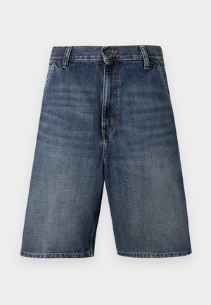 Dark blue denim shorts with a straight cut, featuring a front button closure, belt loops, and no visible patterns or embellishments.