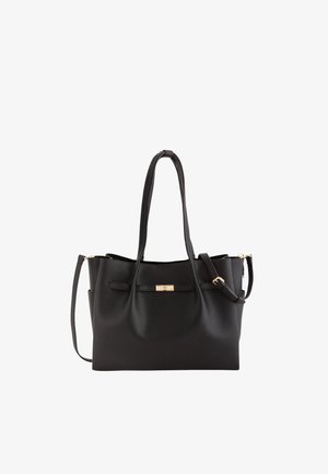 Bolso tote de cuero negro con textura, con dos asas largas, correa de hombro desmontable y detalle de cierre en tono dorado en el frente.