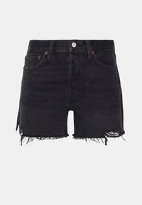 Shorts de mezclilla negra con un acabado desgastado, que presentan dobladillos deshilachados, dos bolsillos frontales y un diseño clásico de cinco bolsillos. Detalle de herrajes plateados.