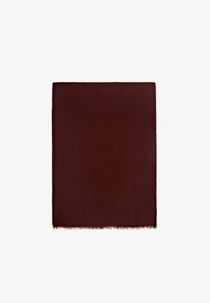 Sciarpa bordeaux realizzata in materiale morbido, di forma quadrata con bordi frangiati, texture liscia e colore uniforme senza motivi o accenti.