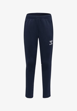 Marineblauwe sportbroek met elastische tailleband en zijzakken, met witte "hummel"-logo op de bovenste linkerdij.