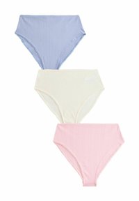 Drie paar hooggewa bungpanten in lichtblauw, crème en roze, met een geribbeld patroon en elastische taillebanden.