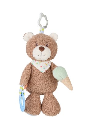 Brown curly teddy bear with colorful polka dot bandana, holding a plush ice cream cone and attached blue teething ring.