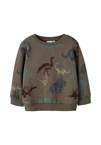 Felpa marrone con vari stampati di dinosauri in verde, blu e bordeaux. Collo tondo e polsini e bordo a coste. Materiale in misto cotone.