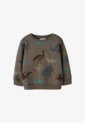 Sudadera marrón con varios estampados de dinosaurios en verde, azul y burdeos. Cuello redondeado y puños y dobladillo de canalé. Material de mezcla de algodón.