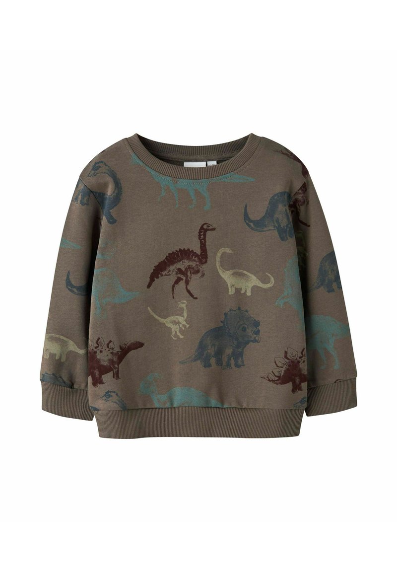 Felpa marrone con vari stampati di dinosauri in verde, blu e bordeaux. Collo tondo e polsini e bordo a coste. Materiale in misto cotone.