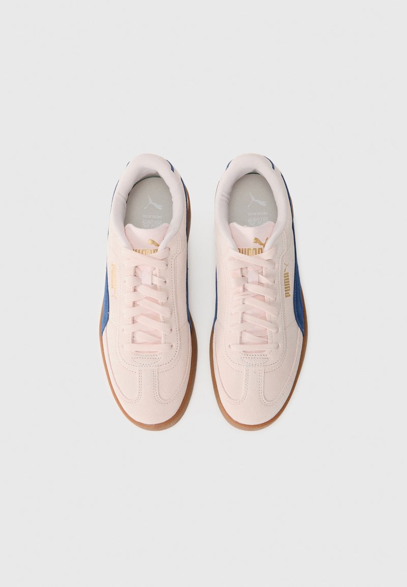 Zapatillas de ante rosa con acentos azules, diseño de cordones, suela de goma natural y marca en dorado en el lateral. Textura suave y forma de punta redondeada.