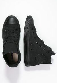 Nike Black high-top sneakers realizzati in tela con punta in gomma e suola in gomma testurizzata. Presentano occhielli neri e un'etichetta con logo in rilievo.