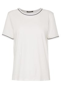 Camiseta de algodón blanca de manga corta con ribete negro en el cuello redondo y en los bordes de las mangas. Estilo simple y casual.