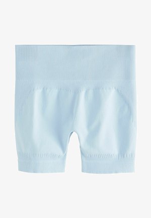 Pantaloni corti elasticizzati di colore azzurro chiaro con una cintura a coste e una texture liscia. Presentano un design aderente e una lunghezza fino a metà coscia.