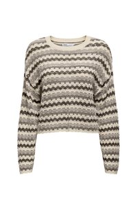 Häkelpullover mit langen Ärmeln, der ein Zickzackmuster in Beigetönen und Grau zeigt. Strukturierter, leichter Stoff mit rundem Ausschnitt.