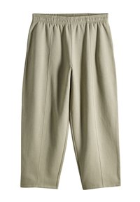 Pantaloni verde chiaro con vita elastica e vestibilità comoda. Presentano cuciture verticali e gambe affusolate, realizzati in morbido tessuto misto cotone.