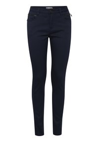 Jeans slim-fit de color azul marino fabricados en tejido suave, con dos bolsillos frontales con cremallera y un cierre estándar de botón.