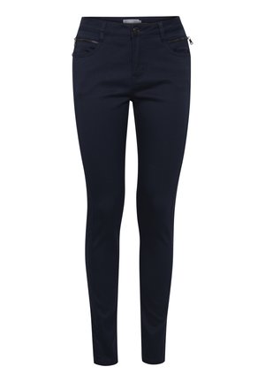 Dunkelblaue Slim-Fit-Jeans aus glattem Stoff, mit zwei vorderen Reißverschlusstaschen und einem standardmäßigen Knopfverschluss.