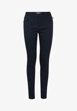 Tummansiniset slim fit -farkut, jotka on valmistettu sileästä kankaasta. Farkuissa on kaksi vetoketjullista etutaskua ja tavanomainen nappisulku.