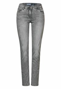 Gray slim-fit denim jeans with front pockets, button closure, and faded detailing along the legs and thigh area.
