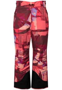 Pantalons de ski rouges et roses à motifs abstraits, avec des accents noirs à l'ourlet et des poches de chaque côté. Le matériau semble résistant aux intempéries.
