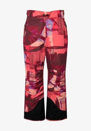 Rote und rosa gemusterte Skihosen mit abstrakten Designs, die schwarze Akzente am Saum und Taschen auf jeder Seite haben. Das Material scheint wetterbeständig zu sein.