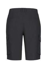 Shorts cargo noirs en tissu léger. Comprend deux poches latérales, deux poches arrière et une taille avec passants de ceinture.