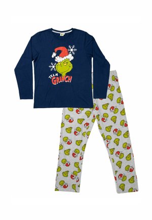 Navy long-sleeve shirt with "TEAM GRINCH" and green character graphic. Grey pajama pants with repeated green Grinch faces and red accents.
