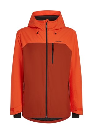 Orange og brun vandtæt jakke med lynlås foran, justerbar hætte og to lynlåslommer samt elastiske manchetter for en sikker pasform.