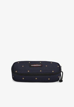 Marineblauw pennenzakje gemaakt van stof, met gouden stippen, een ritssluiting en een logovlag op de voorkant. Rechthoekige vorm.