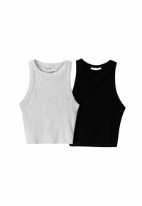 Two crop tank tops: one in light gray with a ribbed texture, and one in solid black. Both feature wide necklines and sleeveless designs.