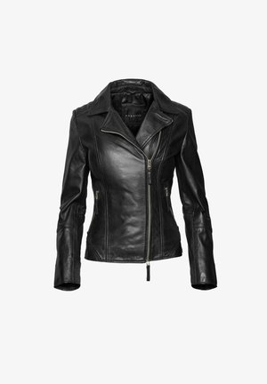 Zwarte leren jack met een aansluitend ontwerp, brede revers, een ritssluiting aan de voorkant en zijzakken. Soepele textuur met gestikte details.