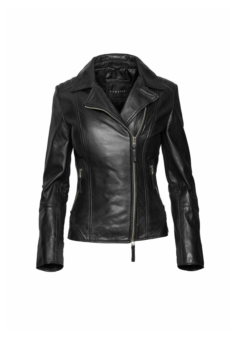 Crna kožna jakna s prilagođenim dizajnom, širokim reverima, zatvaračem sprijeda i bočnim džepovima. Glatka tekstura s prošivenim detaljima.