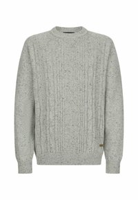 Jasnoszary sweter dziany z wzorami w warkocze, z drobnymi detalami, ściągaczami na rękawach i u dołu, prezentowany na białym tle.