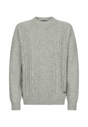 Pulover tricotat de culoare gri deschis, cu modele în fir de cablu, detalii presărate, manșete și tiv cu cremă, prezentat pe un fundal alb.