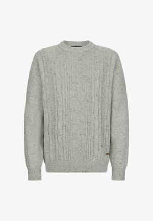 Pulover tricotat de culoare gri deschis, cu modele în fir de cablu, detalii presărate, manșete și tiv cu cremă, prezentat pe un fundal alb.