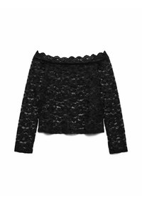 Zwarte kanten crop top met lange mouwen, bloemenpatroon, gekartelde halslijn, lichte textuur, doorschijnende stof.