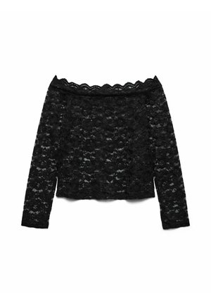 Černý krajkový top s krátkým rukávem, květinovým vzorem, scalloped výstřihem, lehkou strukturou a průhledným materiálem.