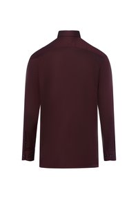 Camicia a maniche lunghe di un profondo bordeaux. Presenta un colletto, polsini con bottoni e una superficie liscia. Design semplice senza motivi visibili.