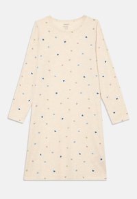 Kremowa sukienka z długim rękawem z rozproszonymi małymi nadrukami serc w kolorach niebieskim, zielonym, różowym i jasnoniebieskim, z okrągłym dekoltem.