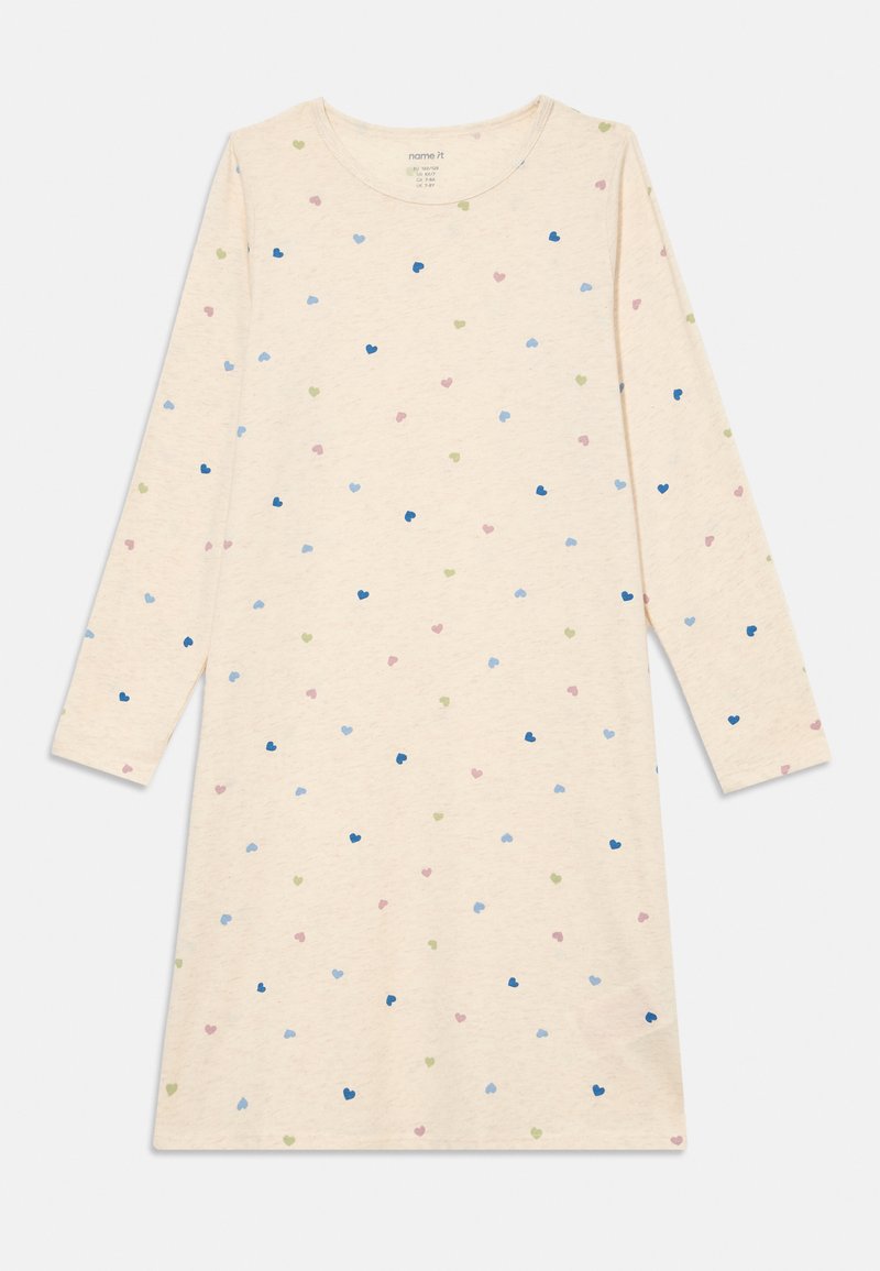 Kremowa sukienka z długim rękawem z rozproszonymi małymi nadrukami serc w kolorach niebieskim, zielonym, różowym i jasnoniebieskim, z okrągłym dekoltem.