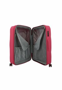 Valigia rigida rosa con rivestimento grigio, doppio scomparto, tasche in rete e combinazione incorporata. Presenta due ruote per la mobilità.