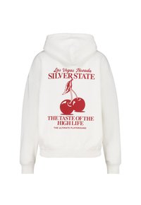 White hoodie with a red graphic design featuring cherries, text reading "Las Vegas Nevada SILVER STATE" and "THE TASTE OF THE HIGH LIFE."