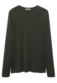 Chemise à manches longues, vert olive foncé, col rond, avec un design simple et sans logos ni motifs visibles.