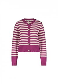 Paarse en witte gestreepte cardigan met lange mouwen, geribbelde manchetten en een ronde halslijn. Voorzien van hartvormige zilveren knopen aan de voorkant.