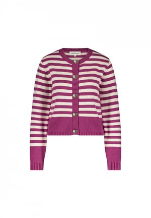 Purple and white striped cardigan with long sleeves, ribbed cuffs, and a round neckline. Features heart-shaped silver buttons down the front.