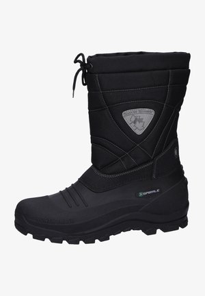 Black winter boot featuring a padded fabric upper, rubber sole with traction pattern, adjustable top with drawstring, and logo detail.